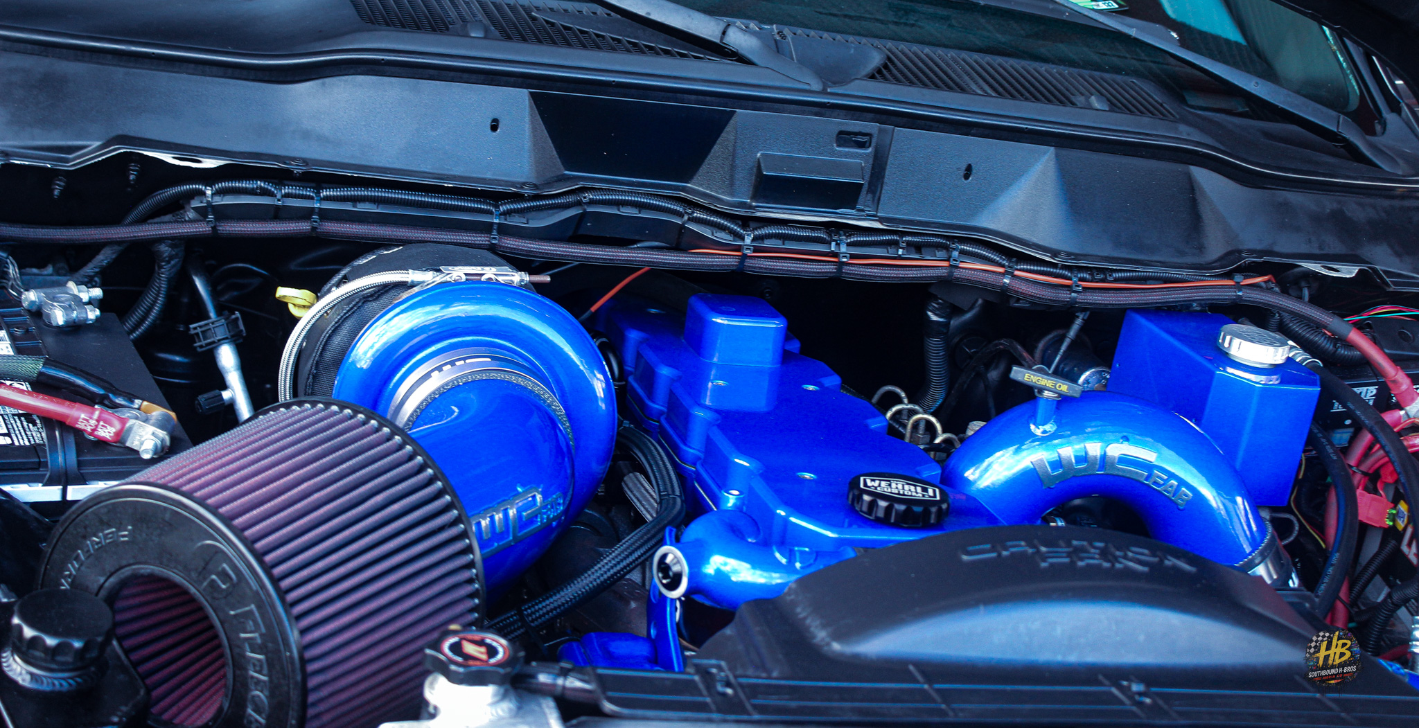 Blue performance engine bay